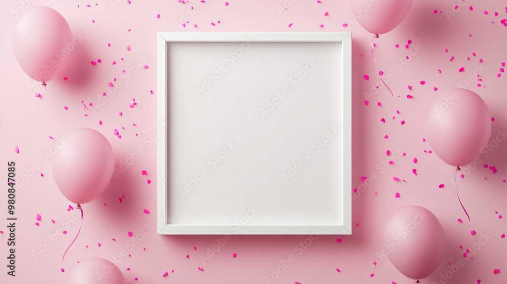 A white blank frame mockup with pink balloons and confetti background A white blank frame mockup with pink balloons and confetti background