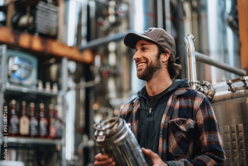 Smiling Brewery Worker Holding Equipment in Modern Craft Beer Production Facility Smiling Brewery Worker Holding Equipment in Modern Craft Beer Production Facility