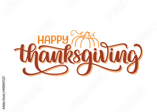 Happy Thanksgiving hand lettering composition with pumpkin silhouette