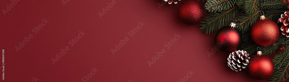 Fototapeta premium minimal top view of Christmas decorations on a bordeaux background with space for text or ads