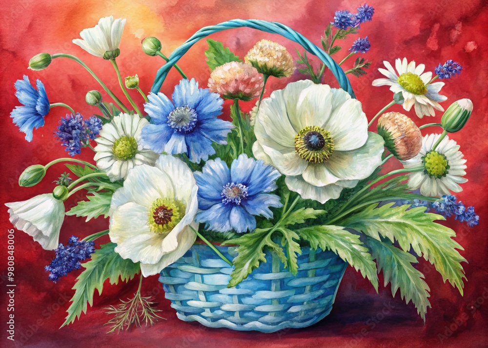 Φωτογραφία Delicate watercolor bouquet of white poppies, cornflowers, and wildflowers in a blue wicker basket adorned with green lace and fresh herbs on a bold red background