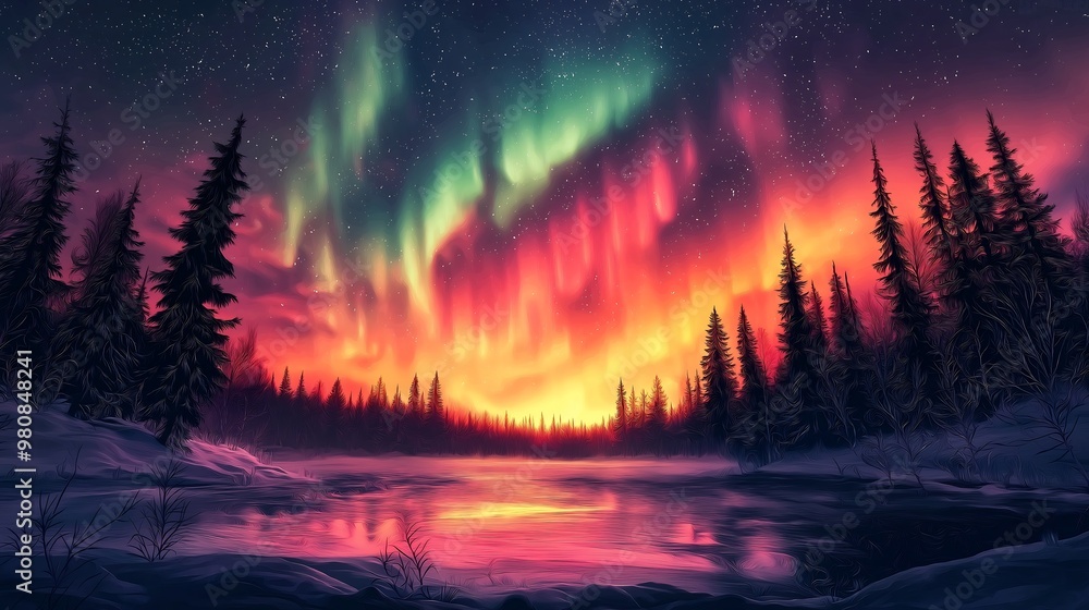 Winter Aurora Borealis Landscape Winter Aurora Borealis Landscape