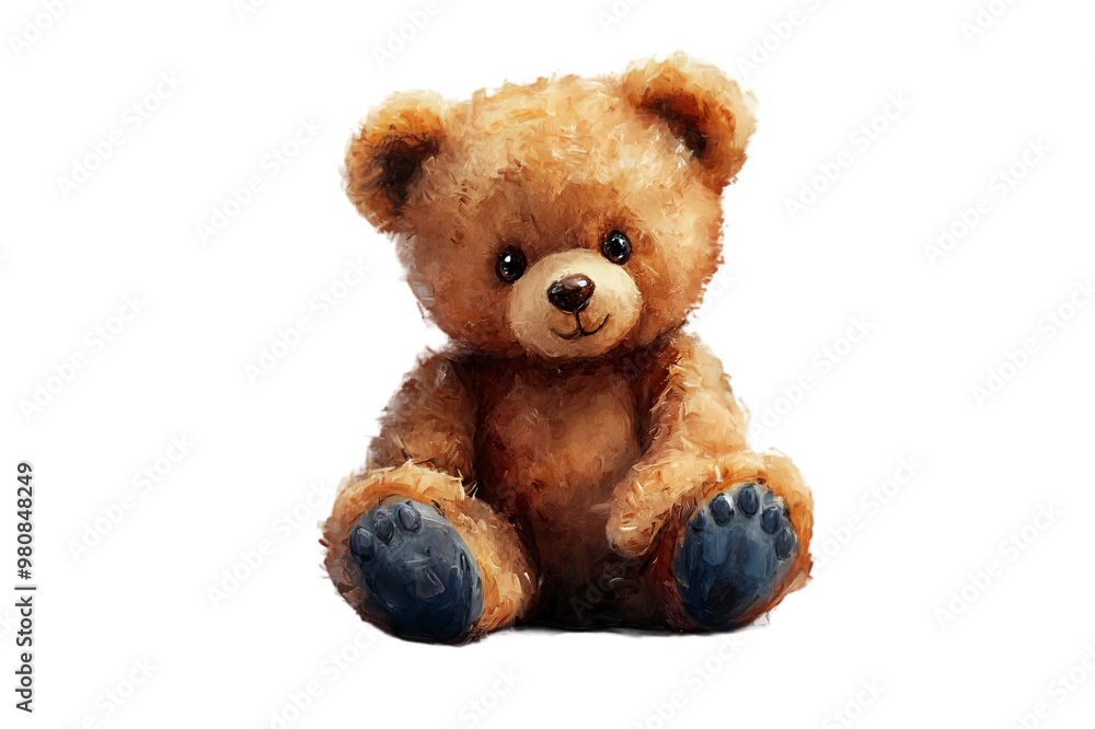 Obraz premium sitting plush teddy bear with a soft, textured fur, light brown color with darker brown accents on the paws and nose, large shiny black eyes reflecting warmth 