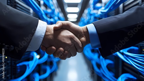 There are two men shaking hands in front of a server.