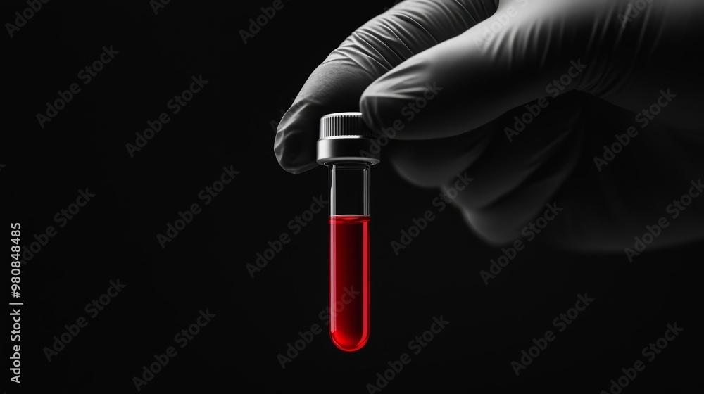 A close-up of a hand wearing a glove holding a test tube filled with bright red liquid against a dark background. A close-up of a hand wearing a glove holding a test tube filled with bright red liquid against a dark background.