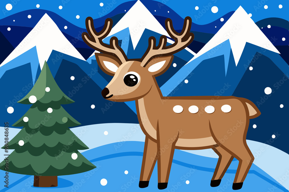 Image of a deer standing in a snowy field next to a spruce tree in the foreground and a mountain range in the background. Image of a deer standing in a snowy field next to a spruce tree in the foreground and a mountain range in the background.