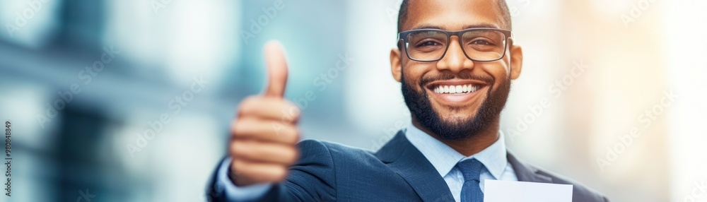 A smiling entrepreneur, standing outside a bank with a thumbs up and a loan approval letter in hand