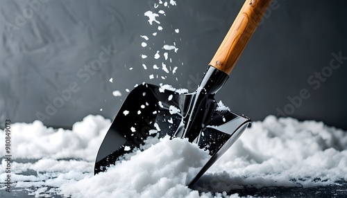 Black shovel with wooden handle catching falling snowflakes as it tips, revealing a blanket of white snow below photo