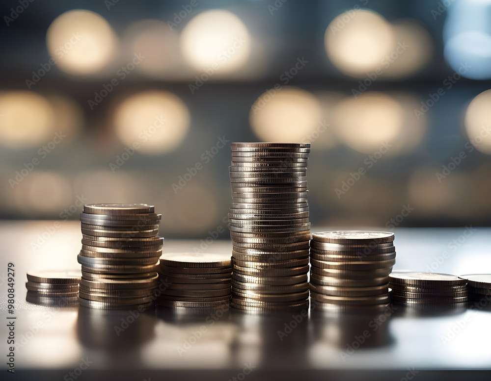 Towers of coins on table on blurred background. Money, business Towers of coins on table on blurred background. Money, business
