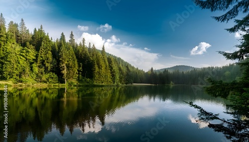 Peaceful lake surrounded by dense forest