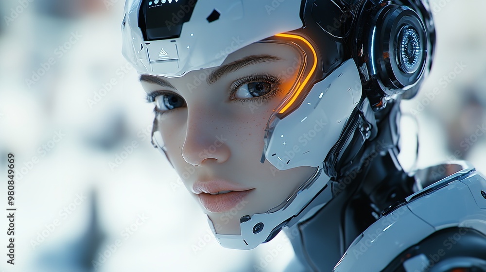Woman opposite AI. The concept of the confrontation between humanity and artificial intelligenc Woman opposite AI. The concept of the confrontation between humanity and artificial intelligenc