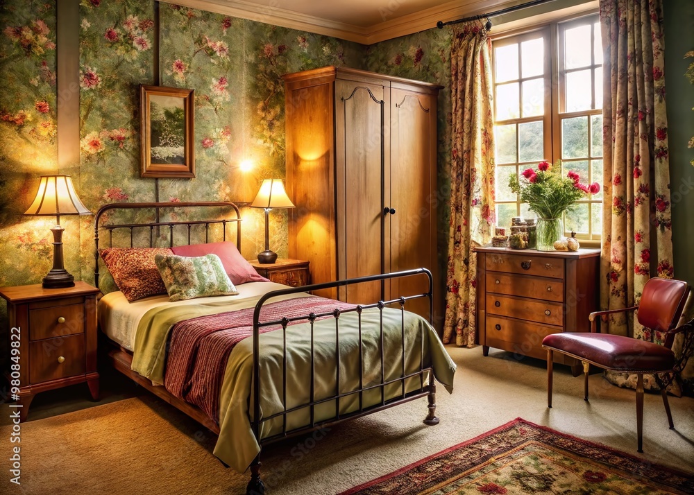 Cozy 1940s British bedroom featuring wooden wardrobe, floral patterned curtains, and ornate iron bed frame with plush