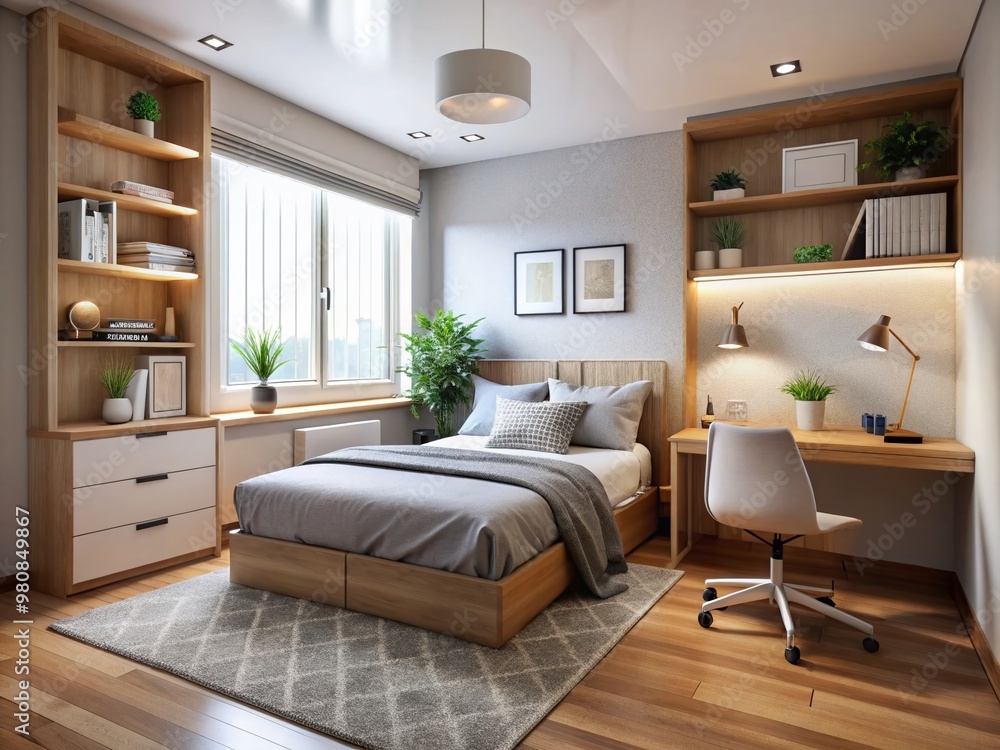 Fototapeta premium Cozy 8x9 bedroom with modern furniture layout, featuring a queen-sized bed, nightstand, and desk, situated in a compact