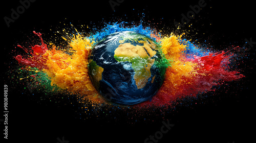 Vibrant splash of colors surrounding the globe, symbolizing creativity, energy, and the beauty of our planet.