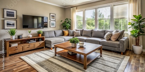 Cozy 11x16 living room with sectional sofa, coffee table, TV stand, and area rug, showcasing a functional and