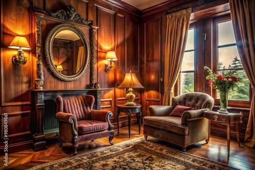 Cozy 1940s home interior featuring rich wood paneling, vintage armchair, ornate mirror, and plush velvet curtains in a photo