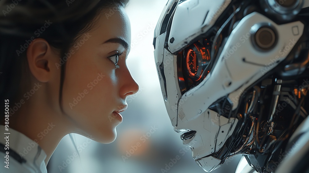 Fototapeta premium Woman opposite AI. The concept of the confrontation between humanity and artificial intelligenc