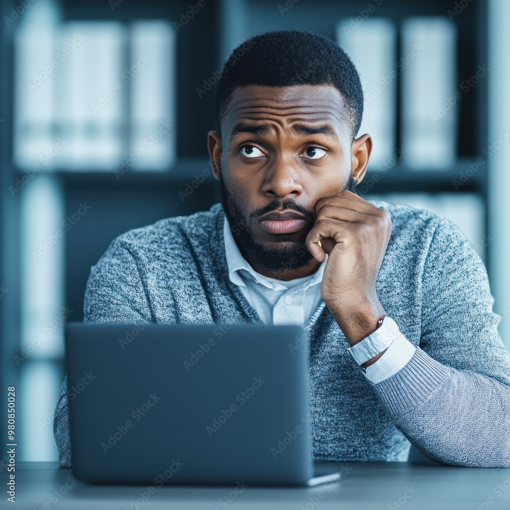 A business owner in an office, staring at a laptop screen displaying a loan rejection notice with a concerned expression