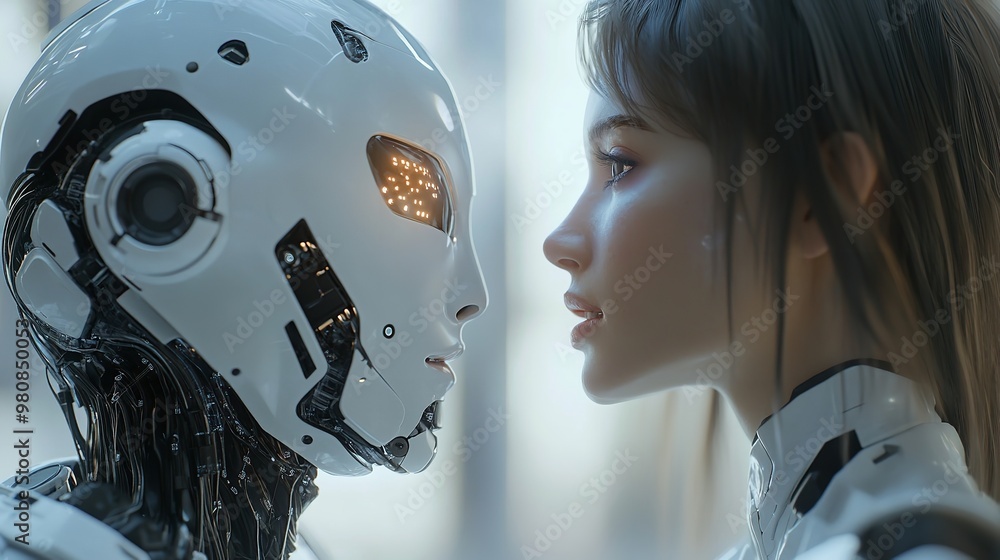 Fototapeta premium Woman opposite AI. The concept of the confrontation between humanity and artificial intelligenc