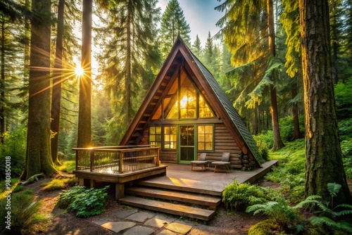 Cozy A-frame cabin surrounded by lush greenery and towering trees, with warm sunlight filtering through windows and a