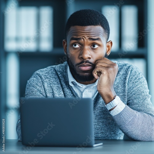 Obraz na płótnie A business owner in an office, staring at a laptop screen displaying a loan rejection notice with a concerned expression w salonie