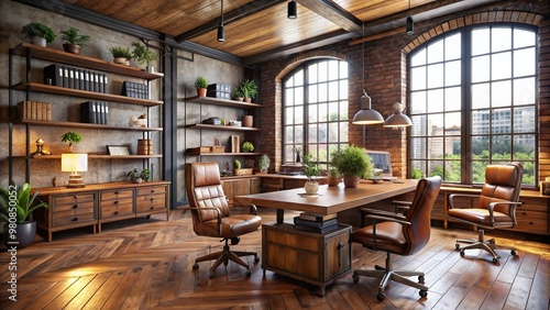 Cozy Aberdeen workplace interior with repurposed wooden desks, worn leather chairs, and rustic metal shelving units,