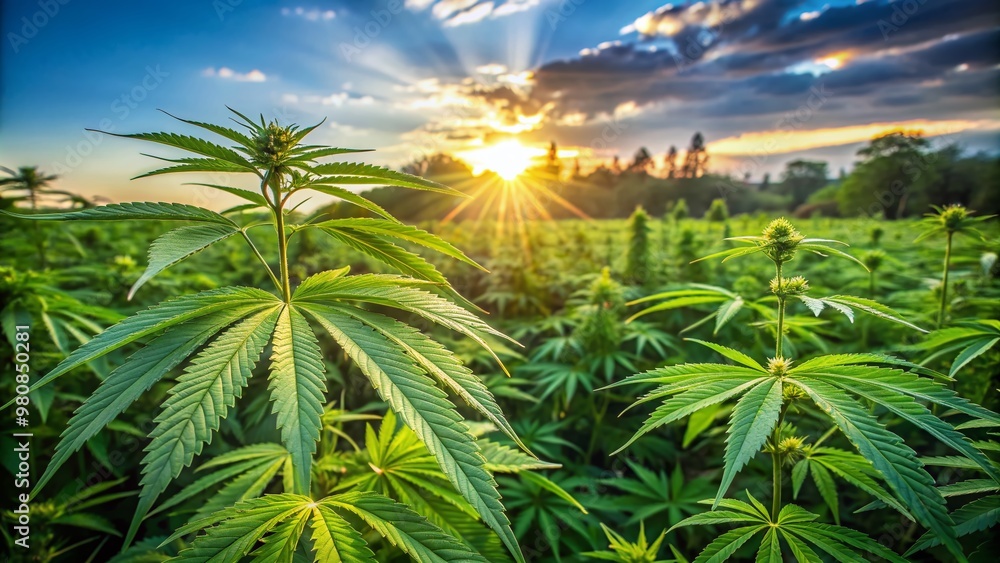 Lush green hemp plants with broad cannabis leaves thrive in a sunny plantation field, cultivating a natural source for medical marijuana and alternative remedies. Lush green hemp plants with broad cannabis leaves thrive in a sunny plantation field, cultivating a natural source for medical marijuana and alternative remedies.
