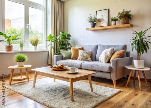 Cozy and minimalistic modern apartment interior with a comfortable affordable furniture setup, featuring a plush couch,