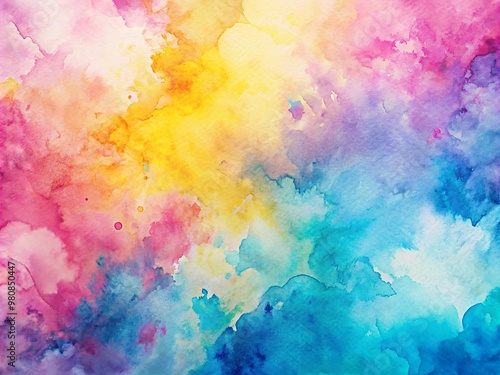 Vibrant abstract watercolor background featuring soft, blended hues of pink, blue, and yellow, with subtle texture and organic shapes, perfect for digital design.