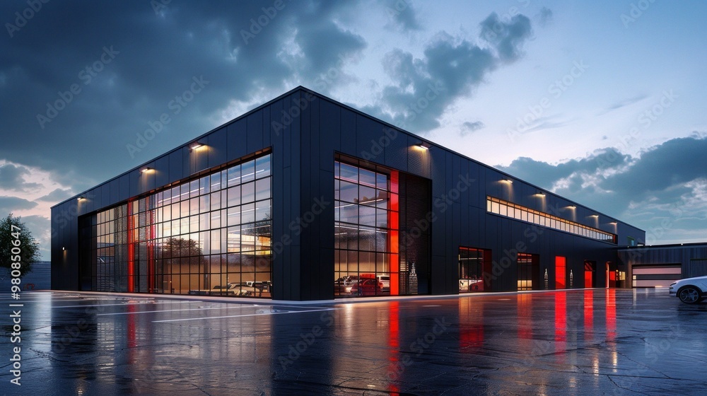 Modern industrial building with large glass windows and red accents at twilight Modern industrial building with large glass windows and red accents at twilight