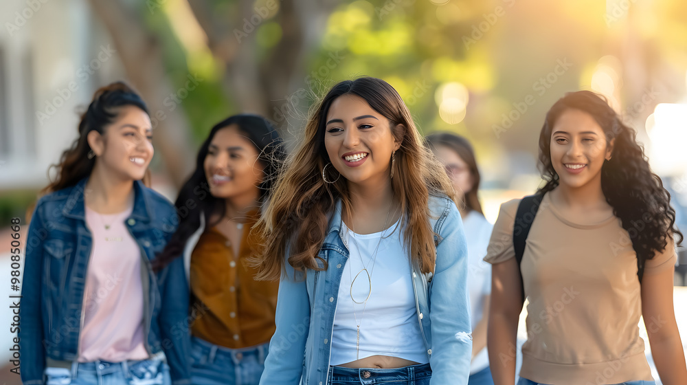 Naklejka premium A group of beautiful young Hispanic women walking together outdoors. Candid photo of young adults having fun
