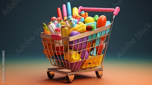 A shopping cart filled with colorful groceries and household items. photo