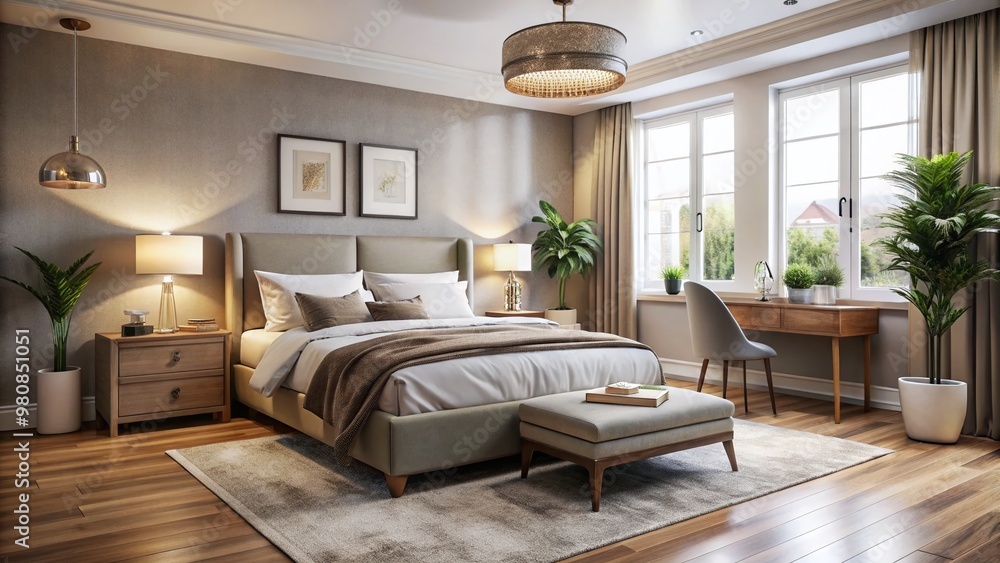 Cozy bedroom layout features a plush bed against a neutral wall, accompanied by a nightstand, dresser, and desk, Cozy bedroom layout features a plush bed against a neutral wall, accompanied by a nightstand, dresser, and desk,