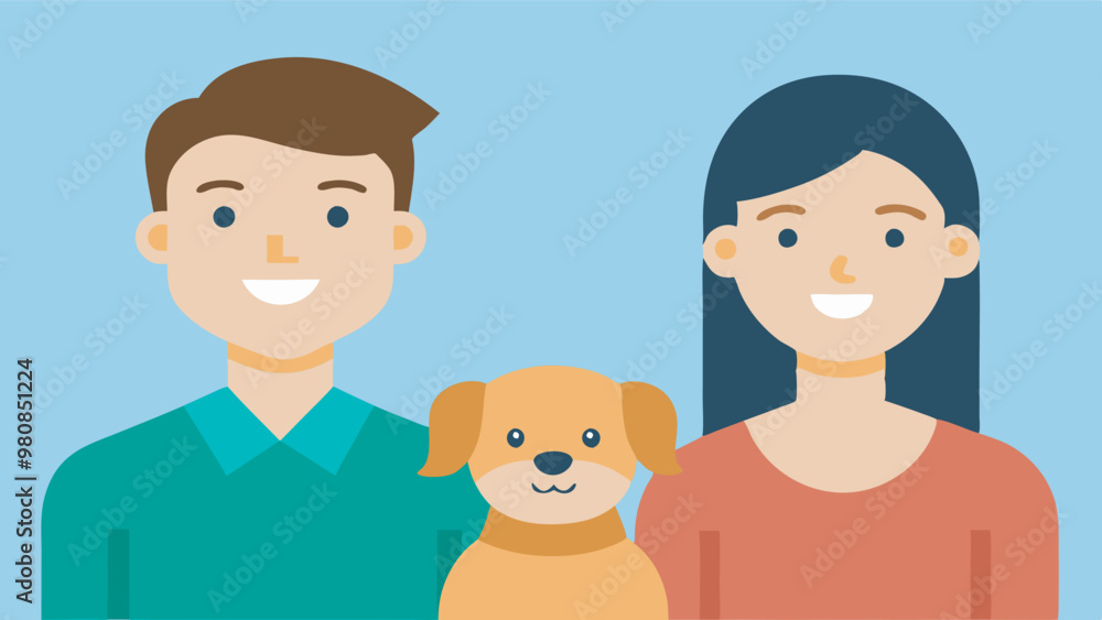 Illustration shows happy couple with a brown puppy in a friendly and inviting scene against a gradient background, creating a warm atmosphere. Illustration shows happy couple with a brown puppy in a friendly and inviting scene against a gradient background, creating a warm atmosphere.