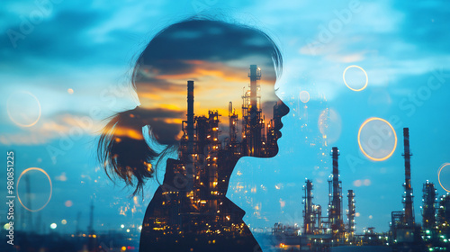 Young woman's silhouette blending into a cityscape with industrial buildings, representing the fusion of human creativity and technological progress photo