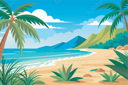 A serene beach with palm trees, yellow sand, and calm waters. Mountains in the distance under a light blue sky with scattered clouds. Ideal for a peaceful retreat.