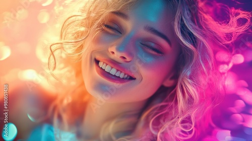 Joyful caucasian blonde woman is surrounded by vibrant marble texture colorful background and some.bokeh lights, her smile full of energy. The playful scene fits themes of celebration and fun.