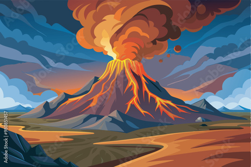 A powerful erupting volcano with hot lava, smoke and ash set against a colourful landscape. A river, barren land and colourful sky add to the visuals of the intense eruption.