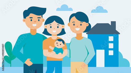 Colorful cartoon illustrates happy family standing in front of blue house. Mother, father, two kids show joy and warmth. Orange sunset adds to idyllic setting.