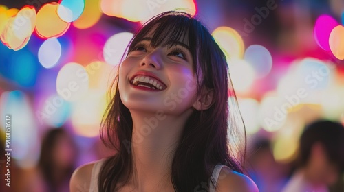 Asian woman enjoys vibrant festival night, dressed in a stylish, sexy outfit. Colorful bokeh lights in background create dreamy atmosphere, enhancing joyful mood of event.