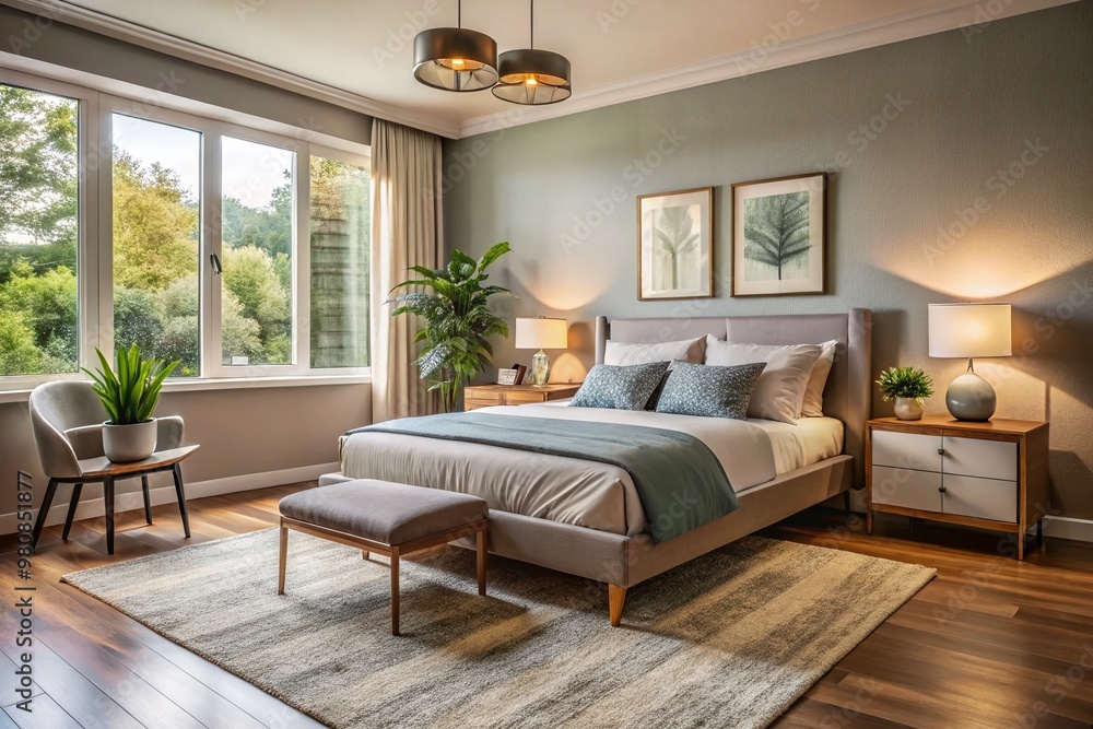 Cozy bedroom with rearranged furniture, featuring a plush area rug, sleek nightstand, and modern bed frame, surrounded Cozy bedroom with rearranged furniture, featuring a plush area rug, sleek nightstand, and modern bed frame, surrounded