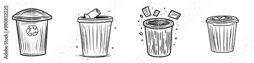 A hand-drawn garbage dustbin and trashcan. An empty bucket rests in the trashcan basket.