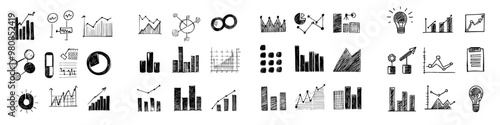 Icons set of data analysis line drawings in a doodle style.