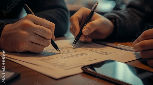 Close up of hand writing on paper on black background.