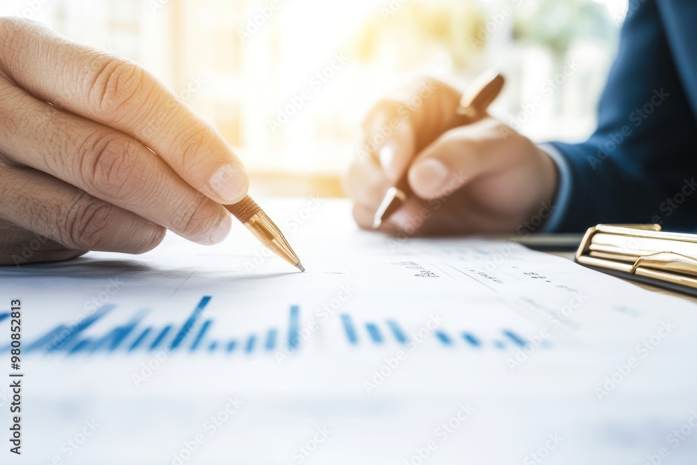 An accountant, reviewing a loan repayment schedule with a small business owner in a modern office