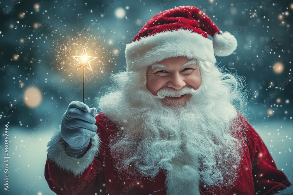 Santa with his gifts, star wand, and cheerful smile brings festive warmth and magic, ideal for Christmas branding and holiday promotions. Santa with his gifts, star wand, and cheerful smile brings festive warmth and magic, ideal for Christmas branding and holiday promotions.