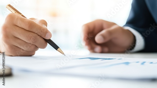 A bank officer presenting loan approval documents to a client, with financial charts on the desk