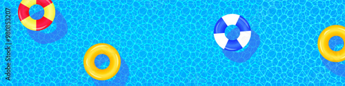 Swimming pool vector illustration. Summer time banner with swim rings, float, water reflection texture. Holidays, travel and vacation background for aqua center design and advertising. Cute backdrop