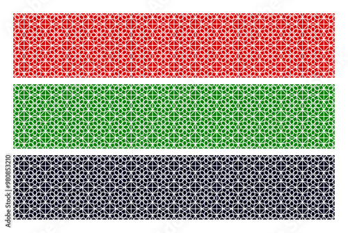 Islamic vector seamless patterns set. Arab repeat prints. Traditional arabic states flags colors. Islam decorative symbols template textures. Backdrop in eastern style for holidays decoration designs.