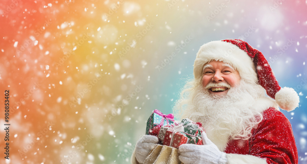 A Rainbow joyful Santa holds a bag of colorful presents in a vibrant, snowy scene, capturing the magic of Christmas for holiday marketing. A Rainbow joyful Santa holds a bag of colorful presents in a vibrant, snowy scene, capturing the magic of Christmas for holiday marketing.